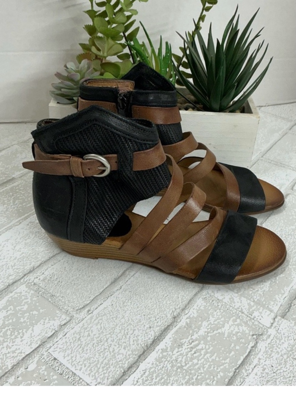 Miz Mooz Two-Tone Brown and Black Strappy Wedge Sandals